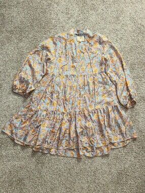Hannah Artwear Blue Yellow Floral Parsons Silk Boho Teired Mini Dress Size 0
